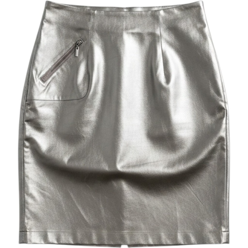 Kate & Mallory Metallic Pewter‎ Faux Leather Pencil Skirt Moto Zip Detail Size 6